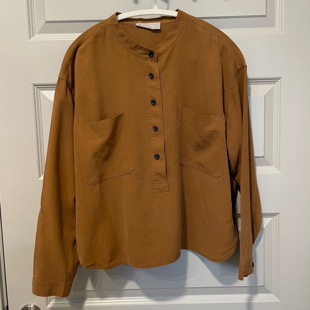 Everlane Washable Silk Henley in rust orange, size 8